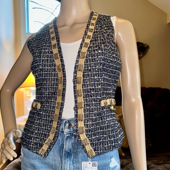 CACHE Tweed Navy Blue/Tan with gold Metallic accent Vest Sz 0 EUC - Picture 3 of 9